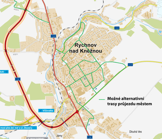 Alternativní trasy průjezdu městem při dopravní zácpě na silnici I/14 nebo II/319