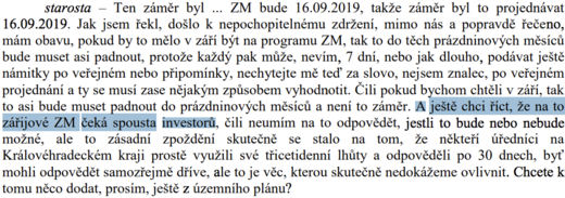 Starosta veřejně potvrdil tlak investorů na rychlé schválení změny č. 2 územního plánu města